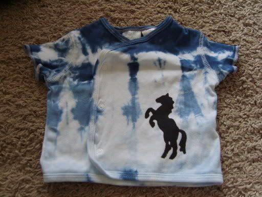 Newborn side snap cotton t-shirt dyed in night sky stripes with a hand painted horse. $10